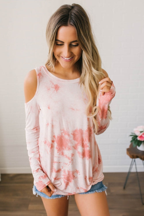 Cold Shoulder Tie Dye Knot Top - Coral